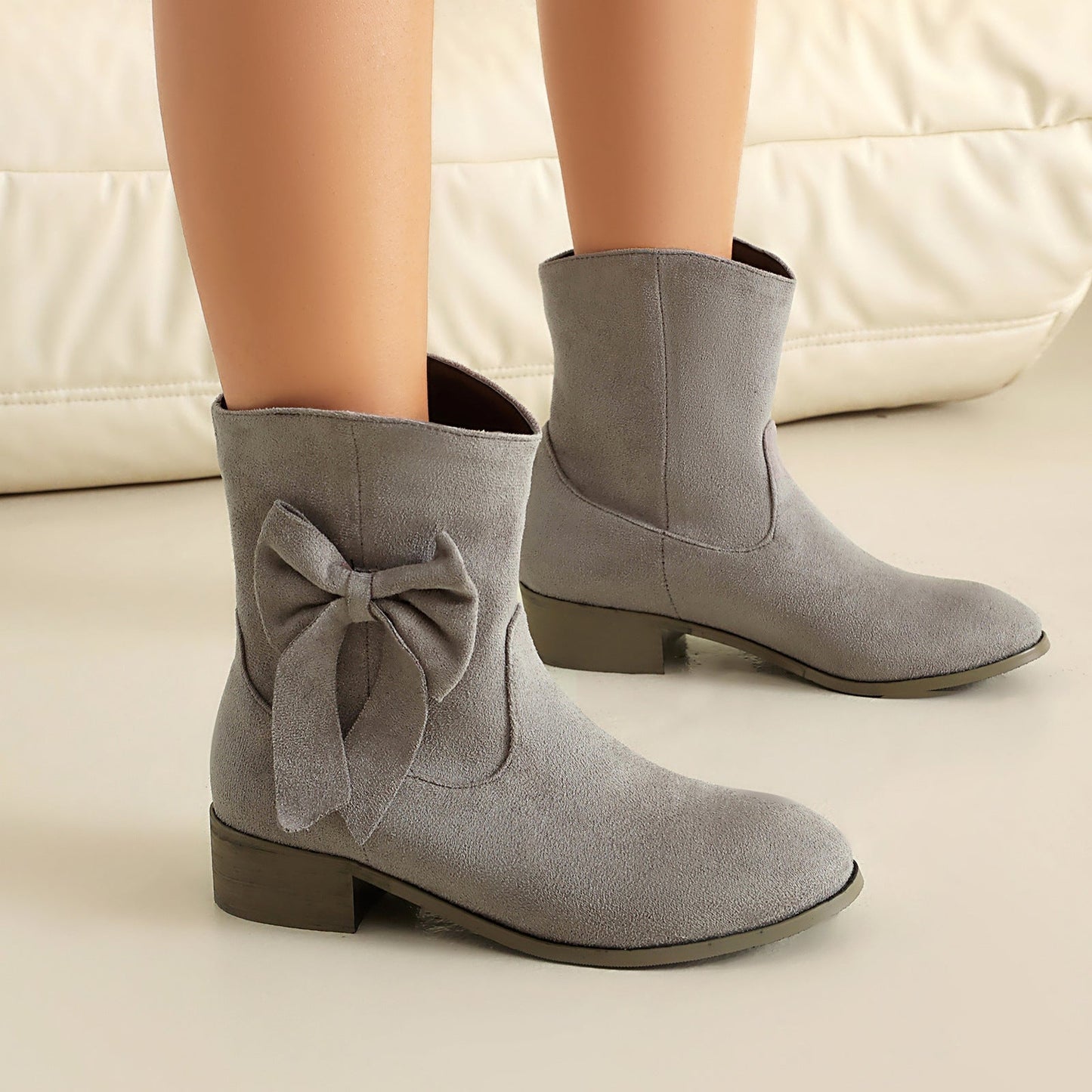 Women’s Low Heel Suede Bow Casual Winter Ankle Boots