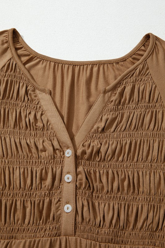 Smocked Split V-Neck Buttoned Blouse Solid
