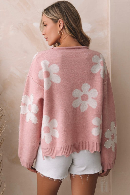 Valentine Heart and Floral Pearl Beaded Sweater Cozy Fall Winter Spring The Diamond Empire LLC