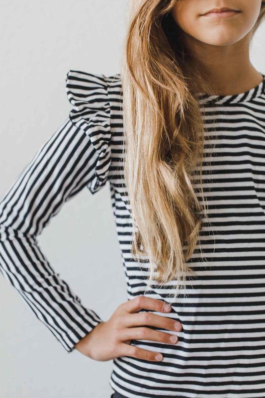 Black & White Stripe L/S Ruffle Tee Ruffle Tee Mila & Rose
