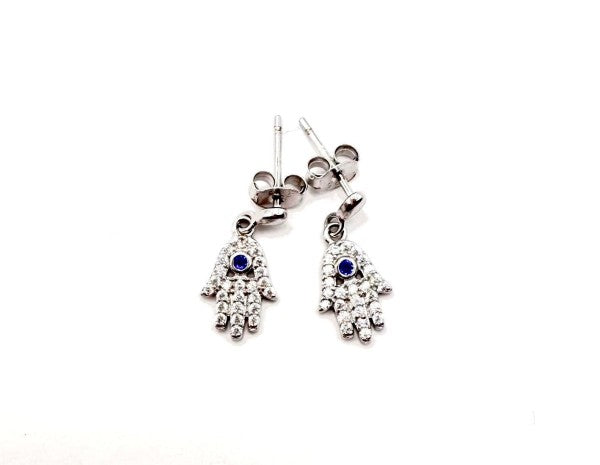 Hamsa Blue Crystal Drop Earrings 925 Sterling Silver