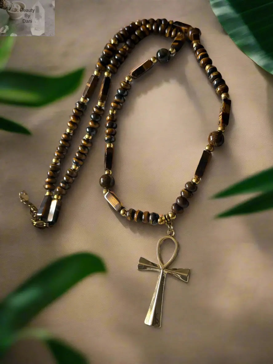 Tiger’s Eye Beaded Cross Long Necklace Goldtone Stainless Steel