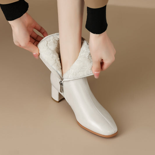 Women’s Short Fur Chunky Mid-Heel Cotton Snow Boots