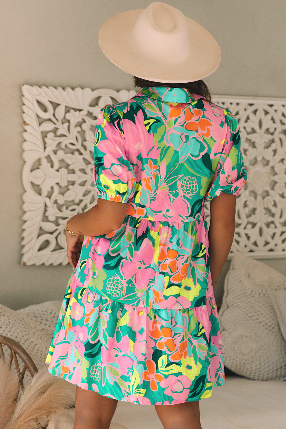 Floral Puff Sleeve Babydoll Dress with Collar and Buttons