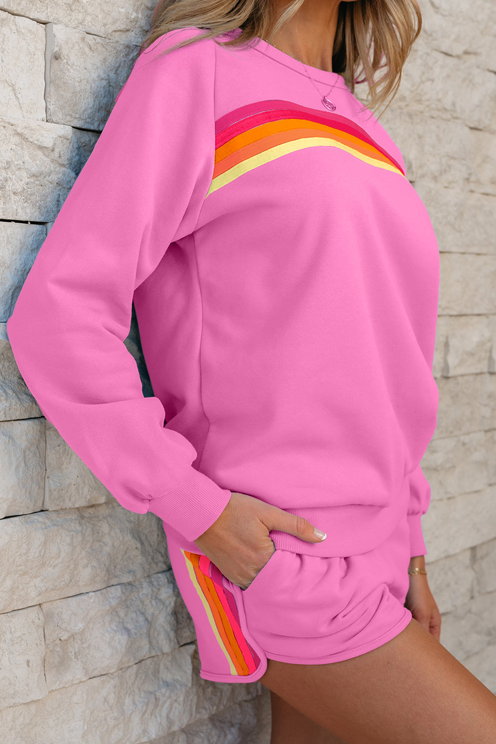 Luxury Striped Accent Pullover and Shorts Two Piece Casual Set