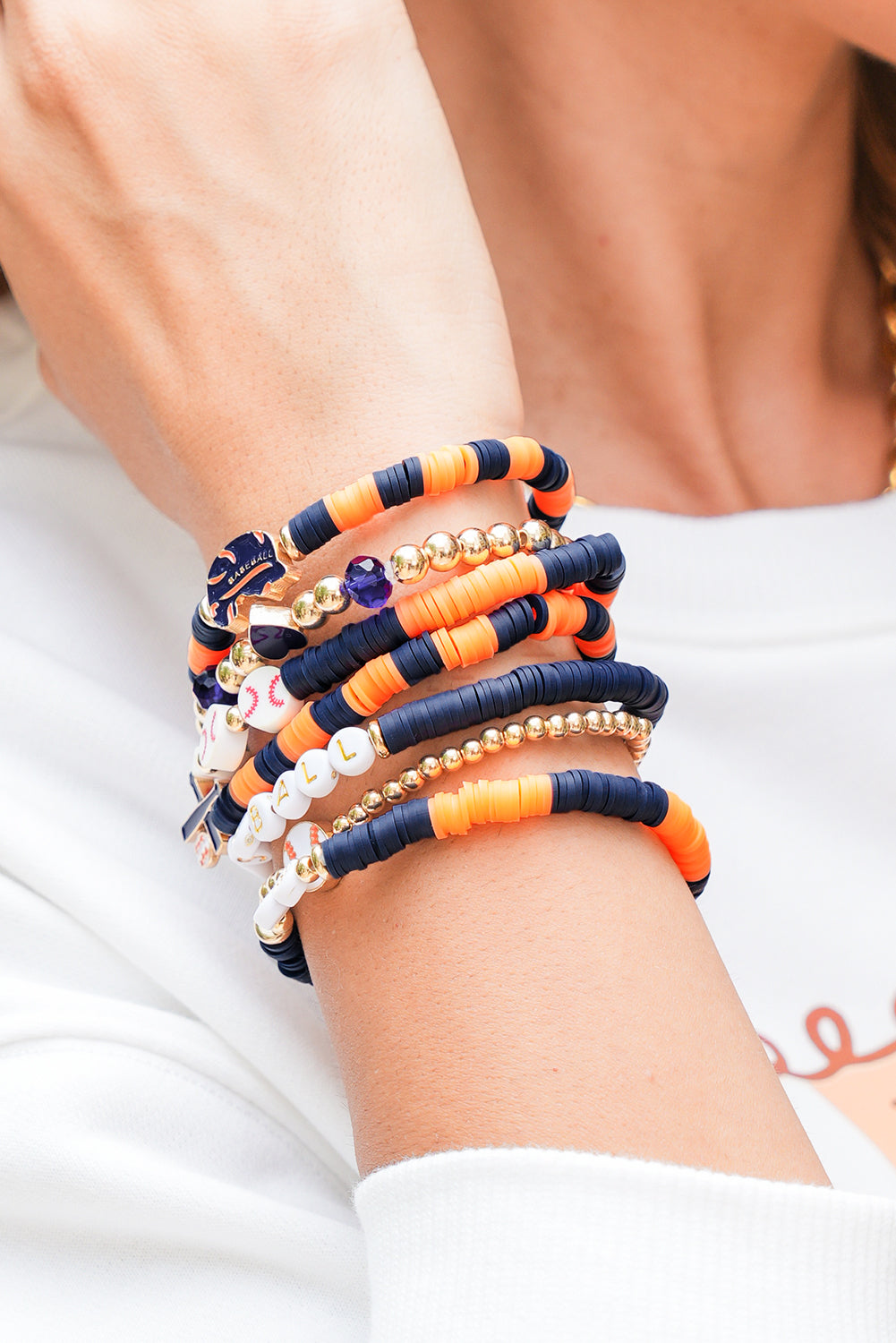 Russet Orange Stackable Football Bracelet Set 7pcs