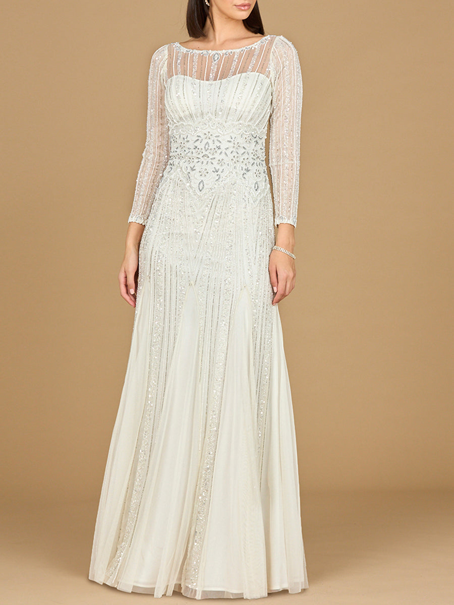 Lara Beaded High Neck Wedding Gown with Long Sleeves and Mermaid Skirt