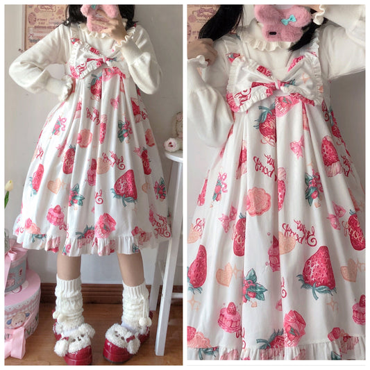 Lolita Strawberry Love Suspender Jsk Dress Polyester High Waist Sleeveless