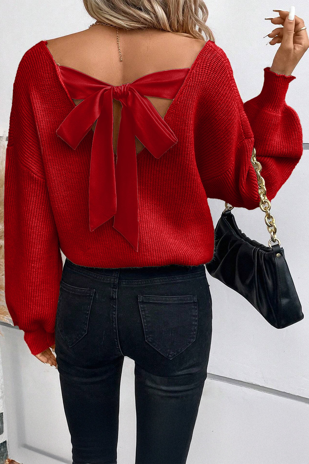 Racing Red Lantern Sleeve V Neck Knot Back Sweater