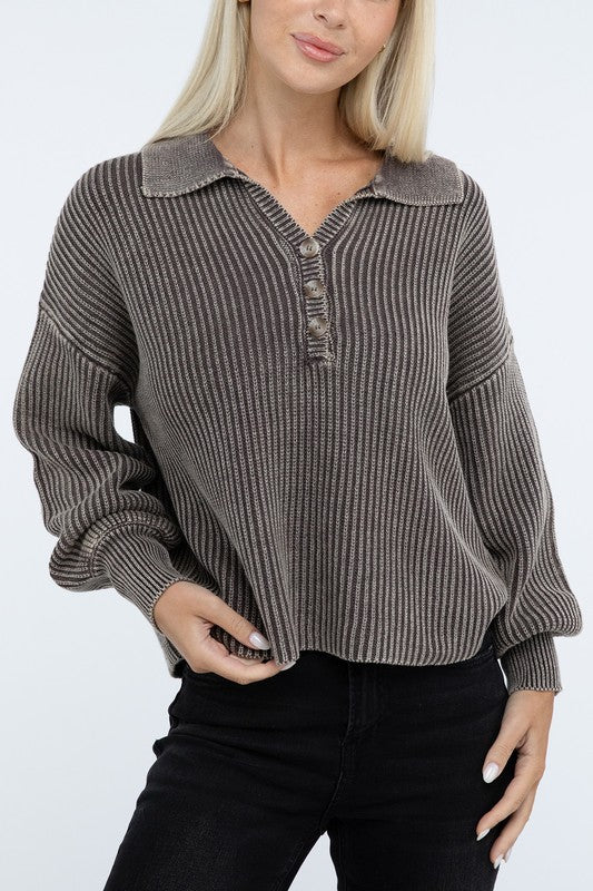 Washed Collared Henley Sweater Low Gauge Heavyweight Sweater