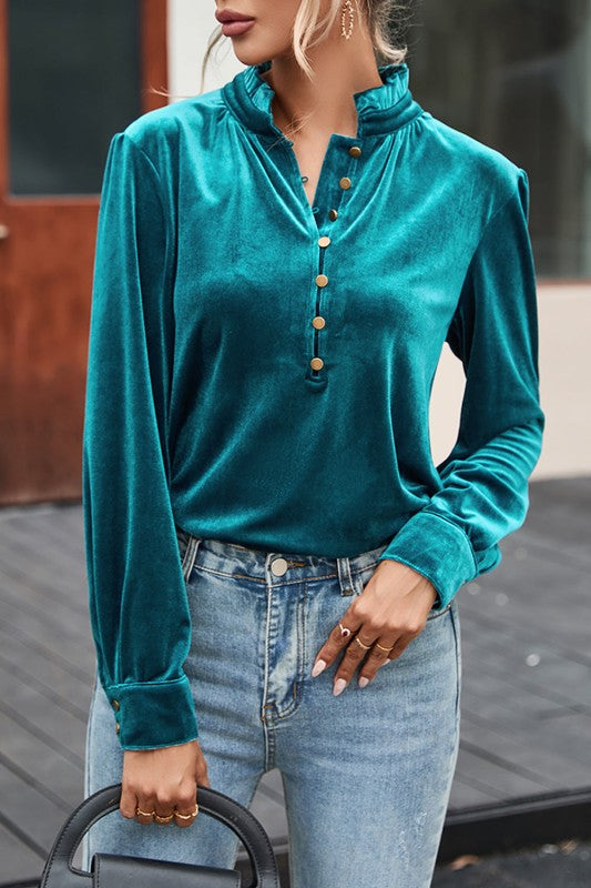 Velvet Frilled Neck Buttoned Top