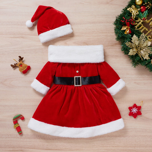Toddler Baby Girls Christmas Cotton Dress Hat Scarf Set