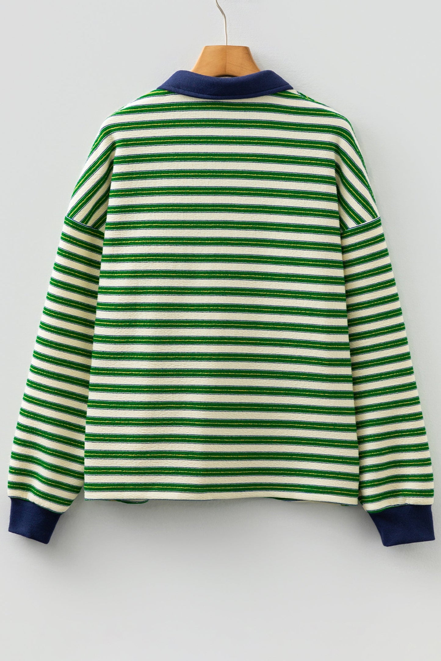 Dark Green Striped Long Sleeve Top Zip V Neck Contrast Collar