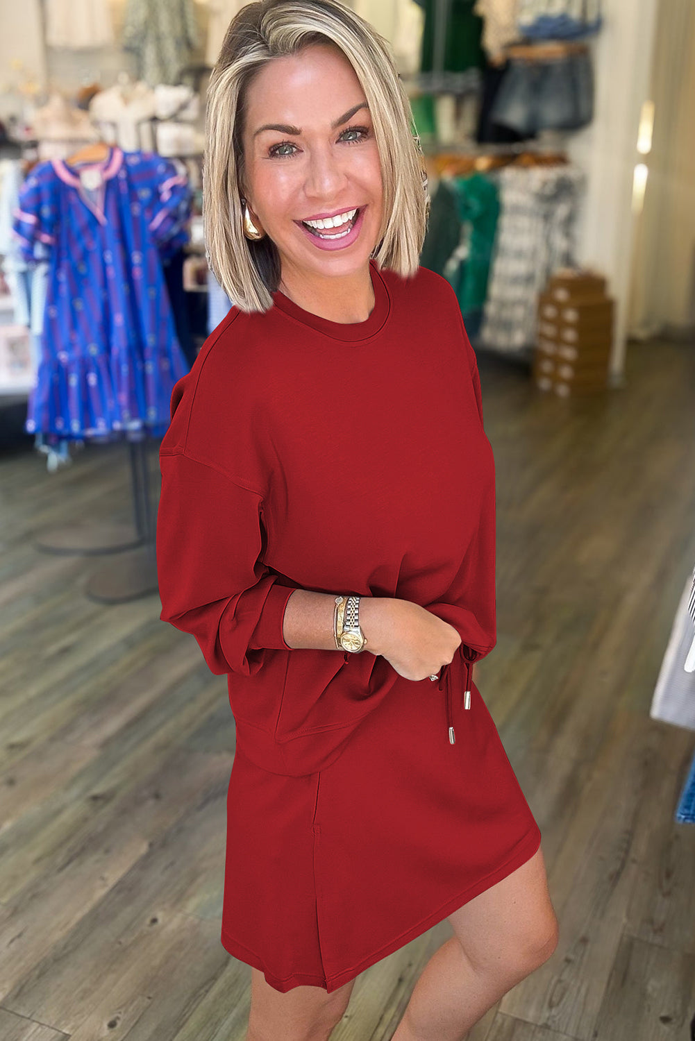 Coffee Solid Color Drop Shoulder Pullover Mini Skirt Set