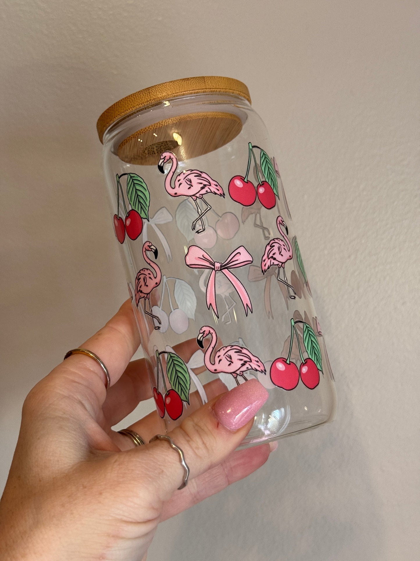 Cherry Flamingo Clear Glass Can 16oz Sawdust and Cedar