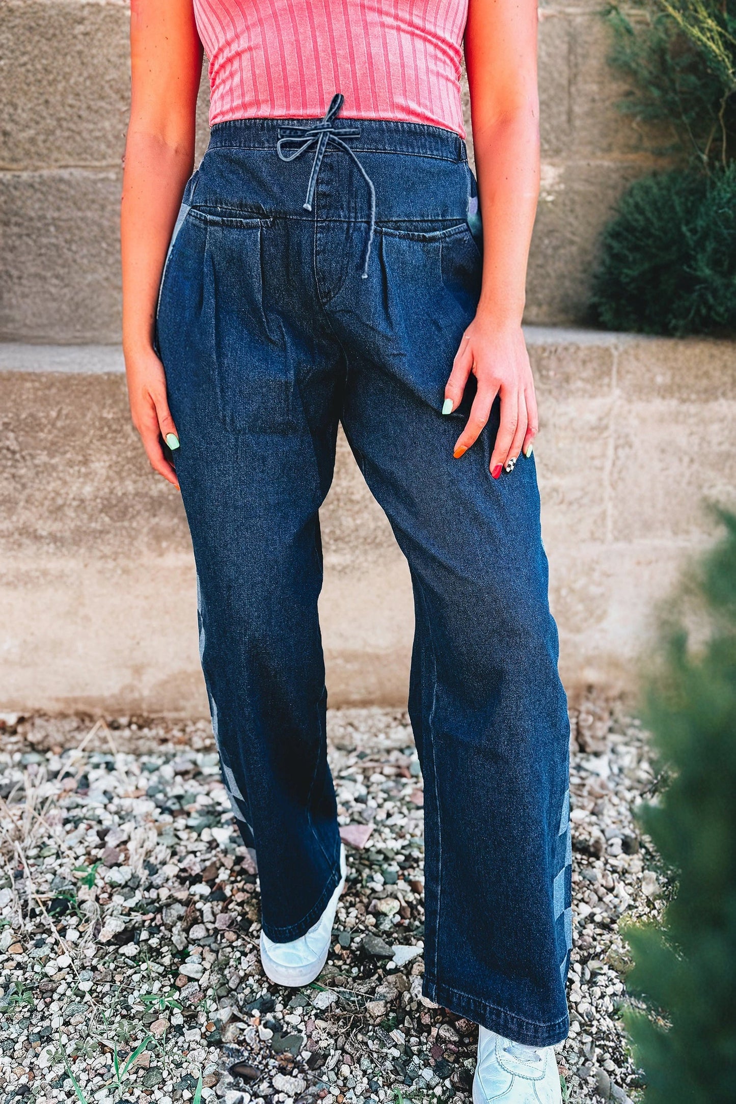 Blue Checkered Side Panel Patchwork Drawstring Loose Denim Pants