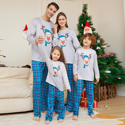 Blue Plaid Crew Neck Long Sleeve Christmas Cartoon Deer Head Pajamas Suit
