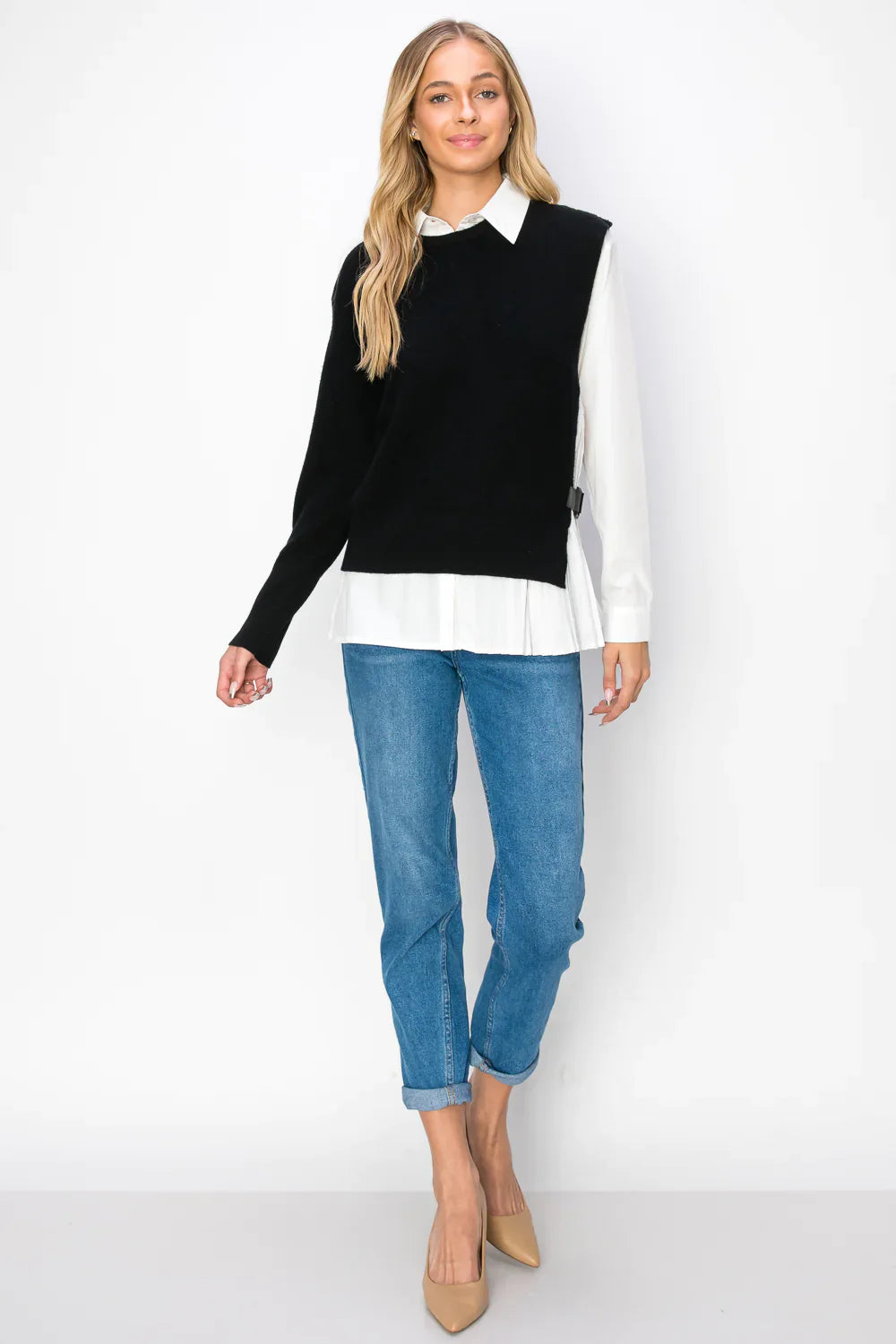 Cotton Pleated Knitted Sweater 2pc Shirt Set