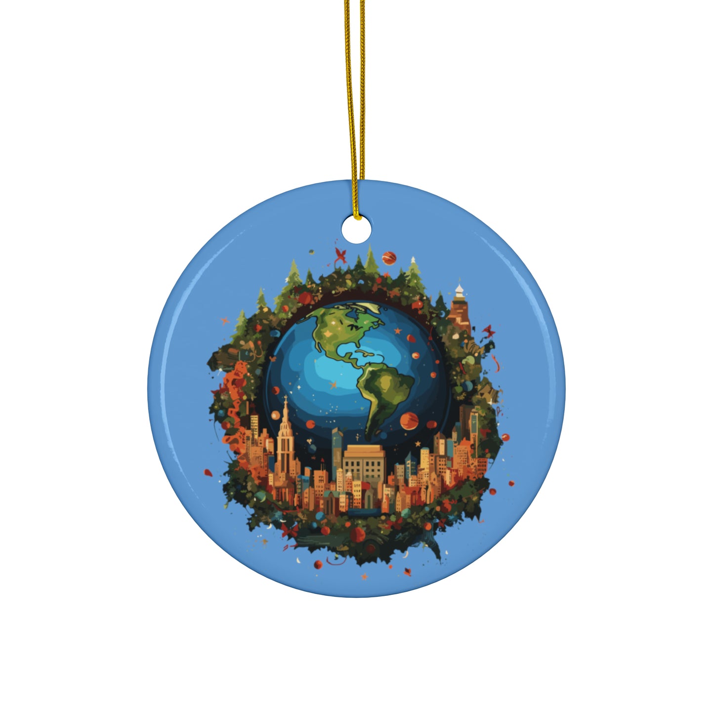 Earth in Christmas decorations and a big Christmas tree, Light blue Ceramic Ornaments (1pc, 3pcs, 5pcs, 10pcs)