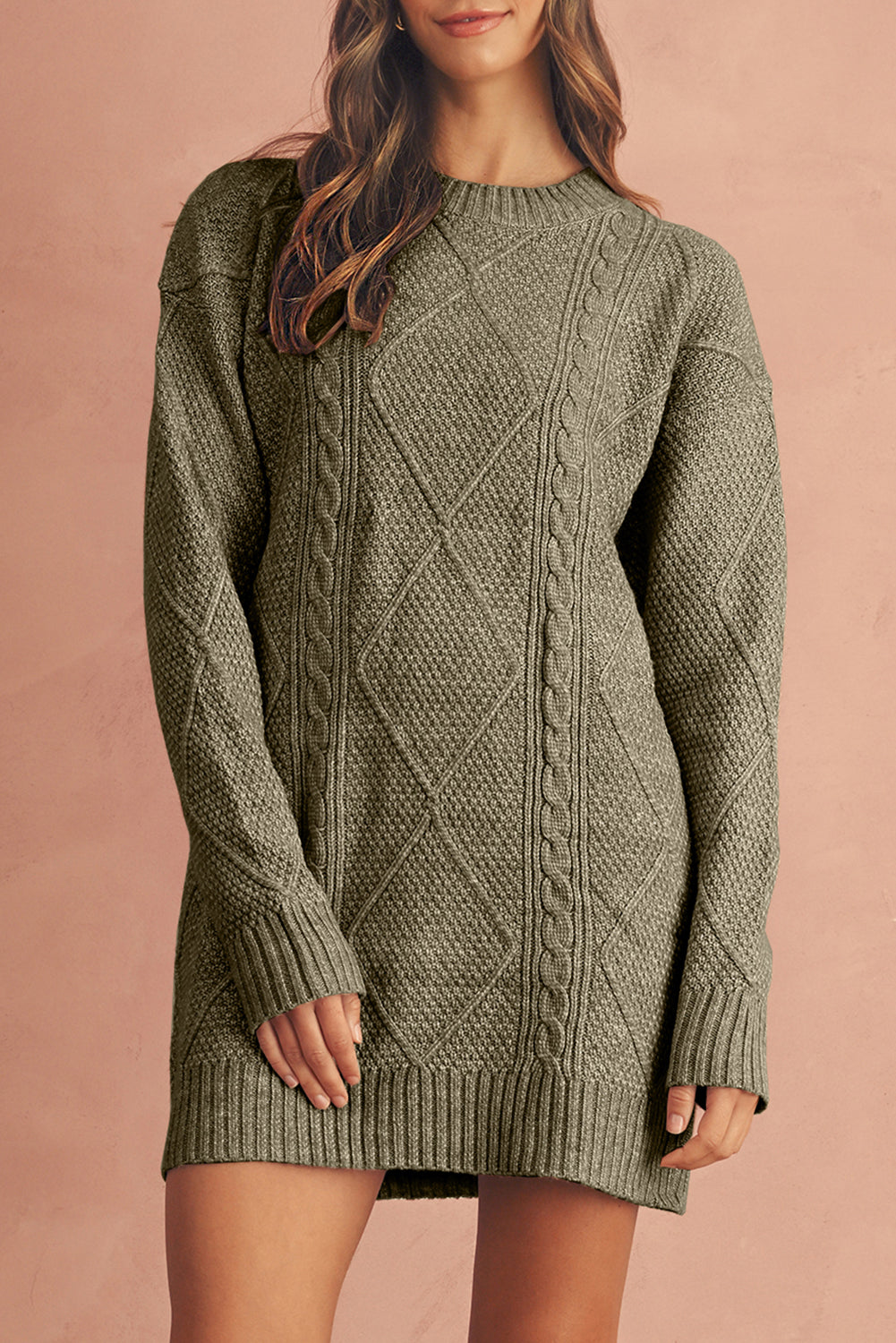 Parchment Twist Cable Knit Loose Fit Sweater Dress