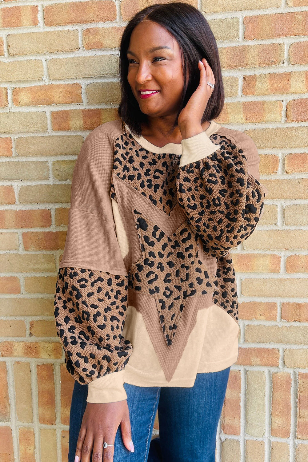 Light French Beige Leopard Star Color Block Patchwork Baggy Sweatshirt