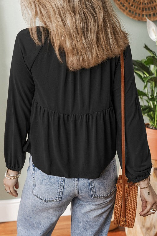 Smocked Split V-Neck Buttoned Blouse Solid