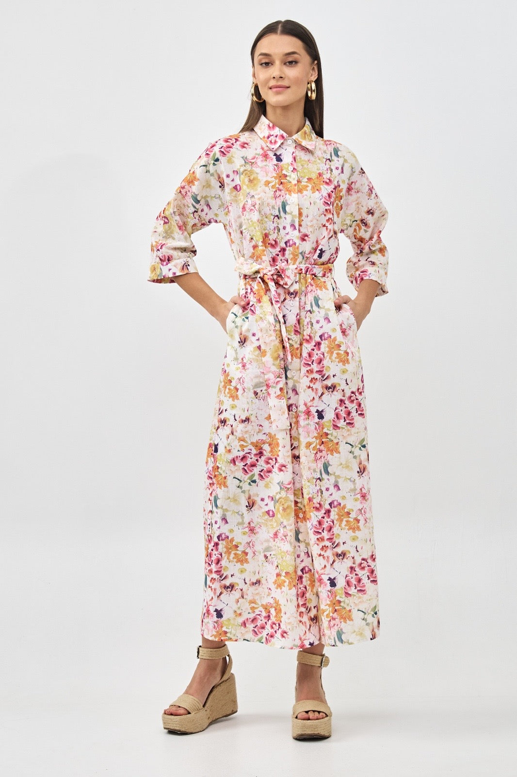 Floral Print Linen Maxi Dress