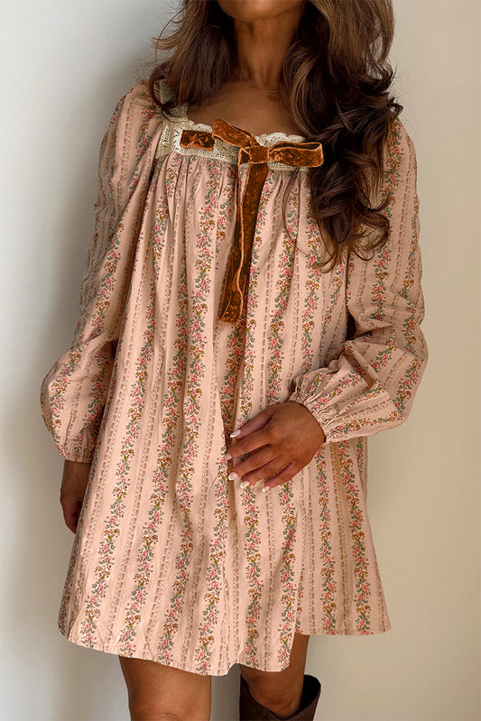 Khaki Floral Print Velvet Bow Lace Patchwork Long Sleeve Mini Dress
