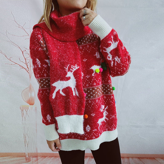 Women's Fashion Deer Snowflake Jacquard Christmas Sweater Scarf Two-piece Set