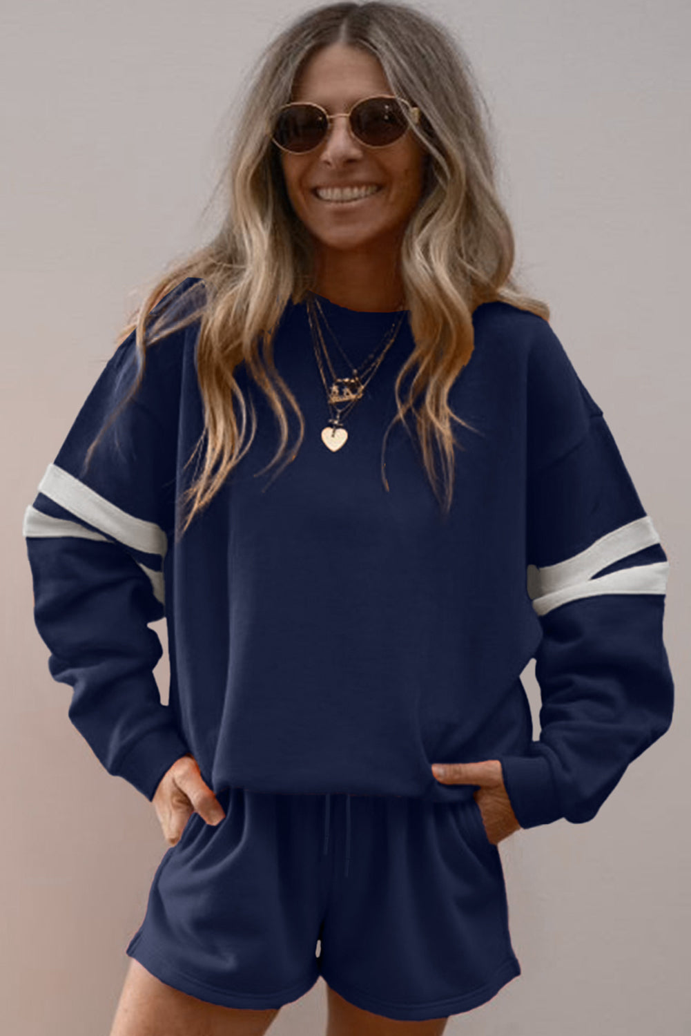 Varsity Striped Sleeve Drop Shoulder Sweatshirt and Shorts Set Evergreen