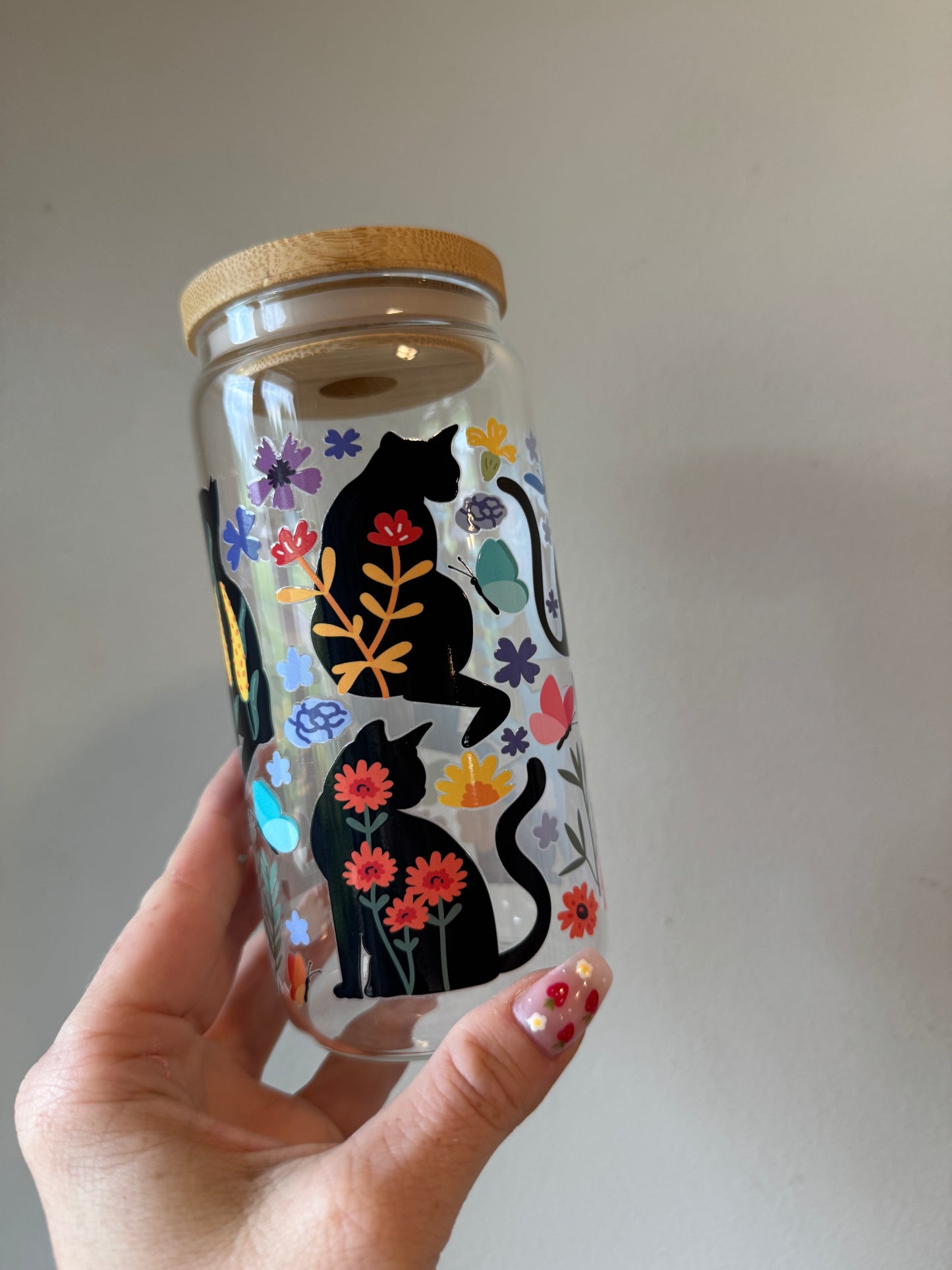 Cat Floral 16oz Glass and 17oz Plastic Mug Sawdust and Cedar