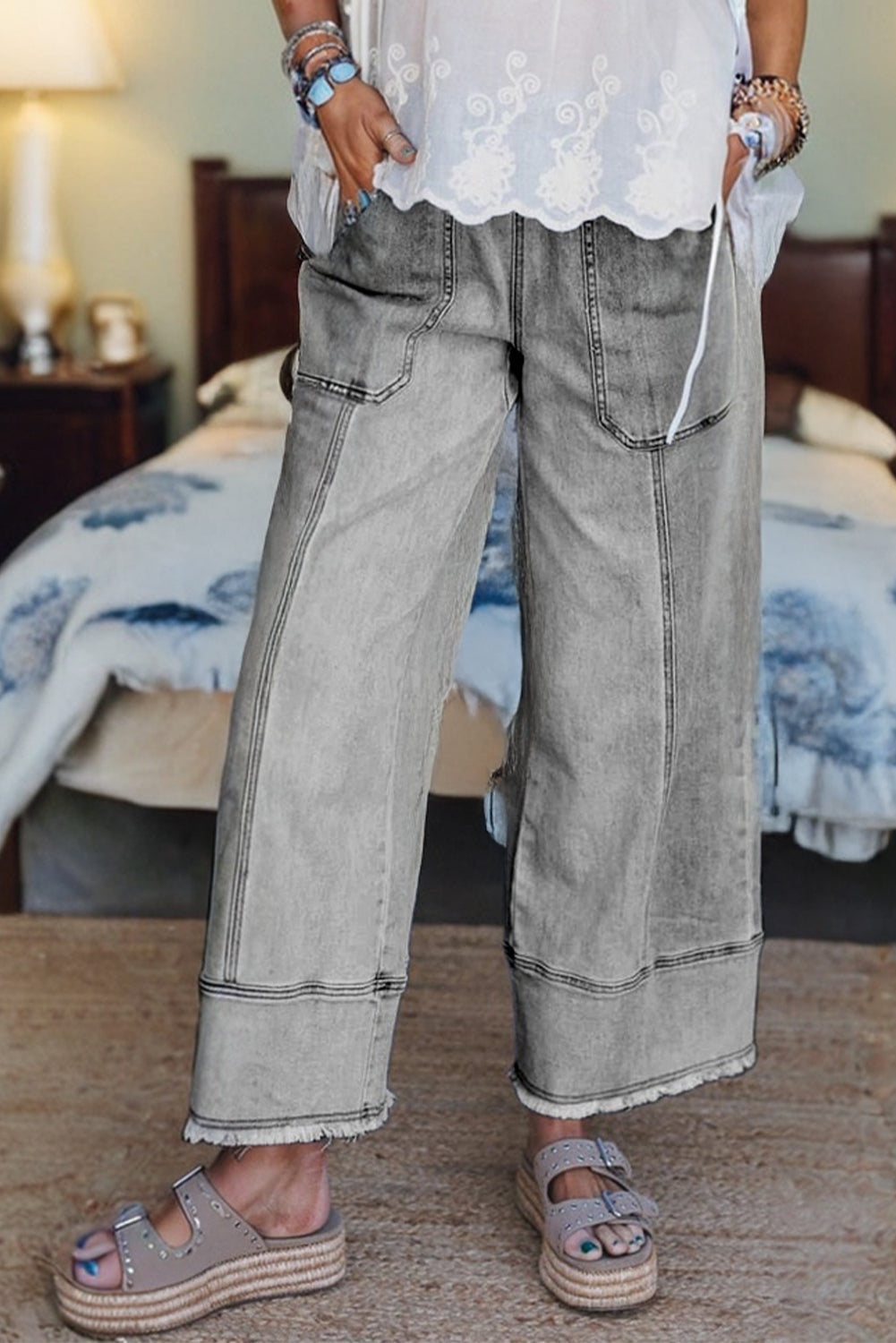 Prussian Blue Drawstring Waist Seam Detail Raw Hem Wide Leg Denim Pants