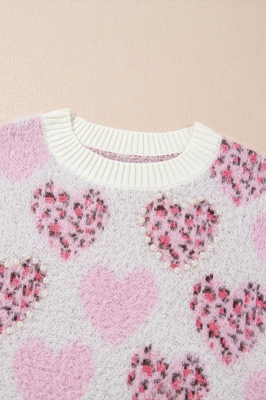 Heart Leopard Pearled Ribbed Trim Fuzzy Sweater