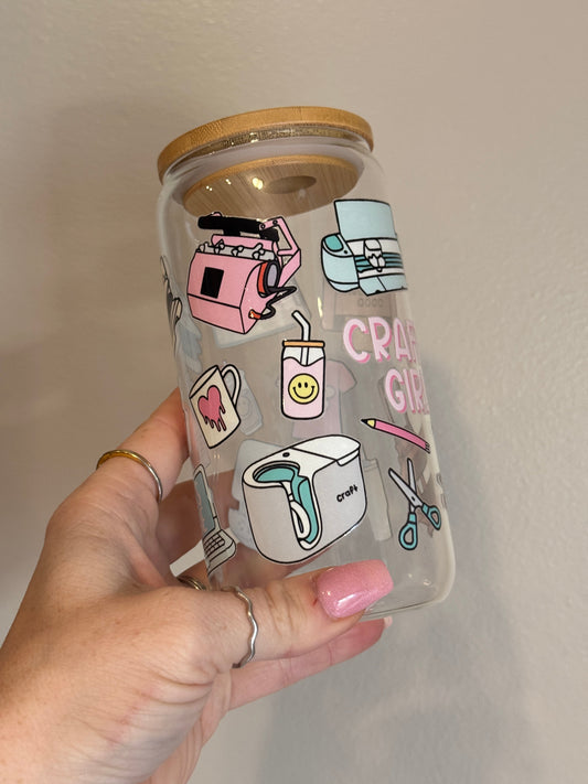 Crafty Girl Glass Cup with Bamboo Lid Drinkware Sawdust and Cedar