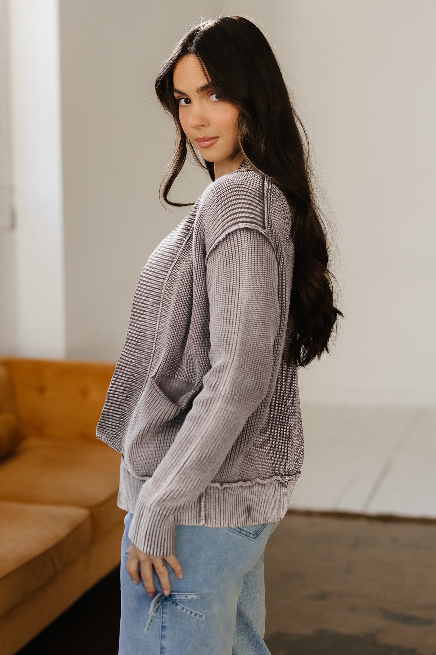 Chestnut Mineral Wash Knit Open Sweater Cardigan