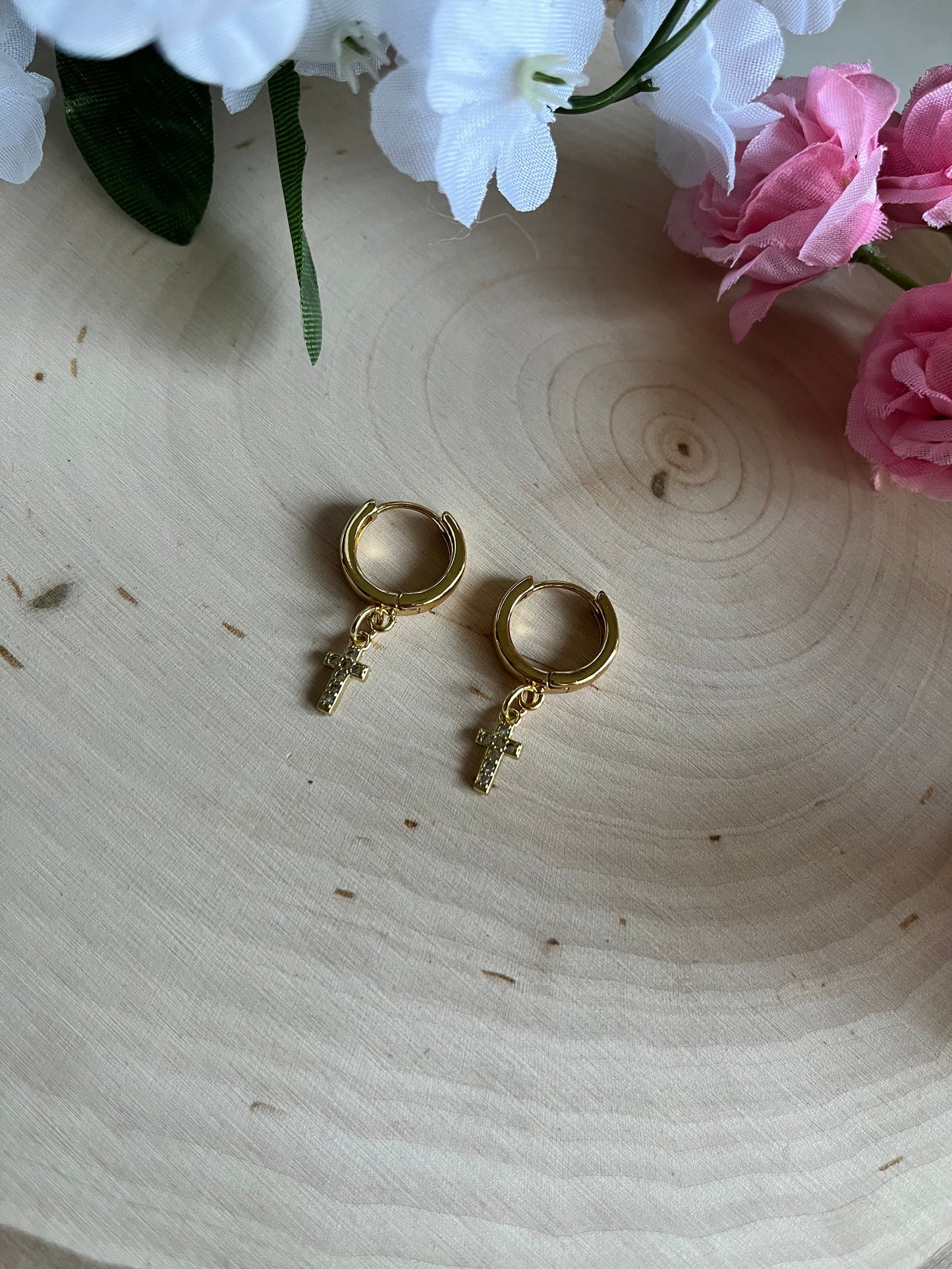 Gold Cross 18K Huggie Earrings Christian Jewelry
