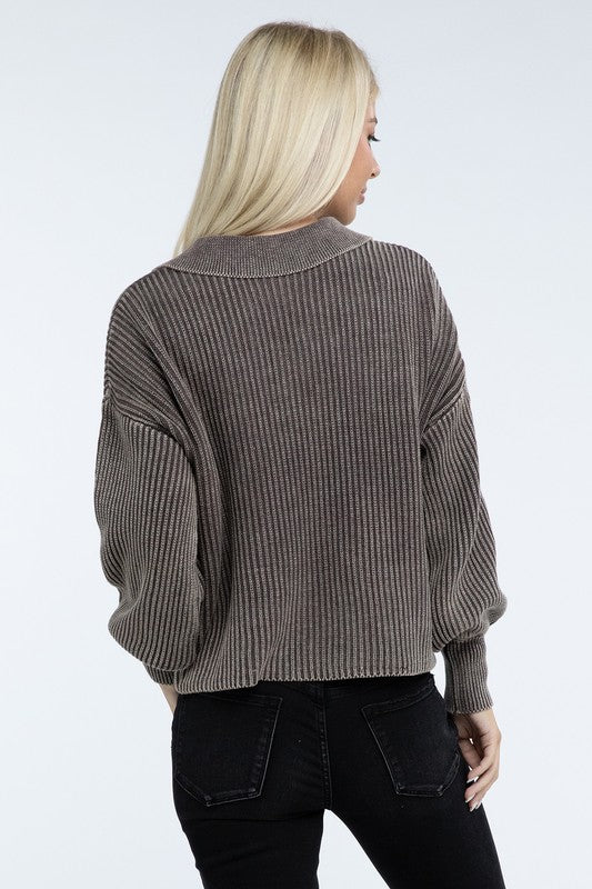 Washed Collared Henley Sweater Low Gauge Heavyweight Sweater
