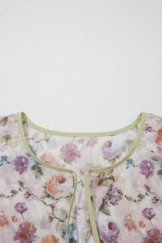 Plus Size Floral Stripe Contrast Trim Babydoll Blouse