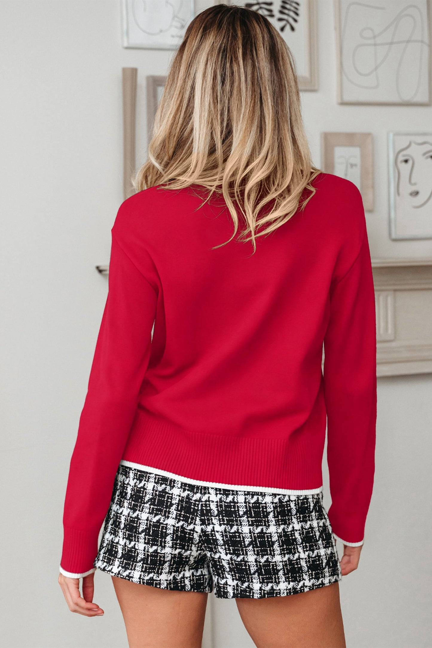 Fiery Red Contrast Trim Holiday Cropped Sweater with Big Bow Accent