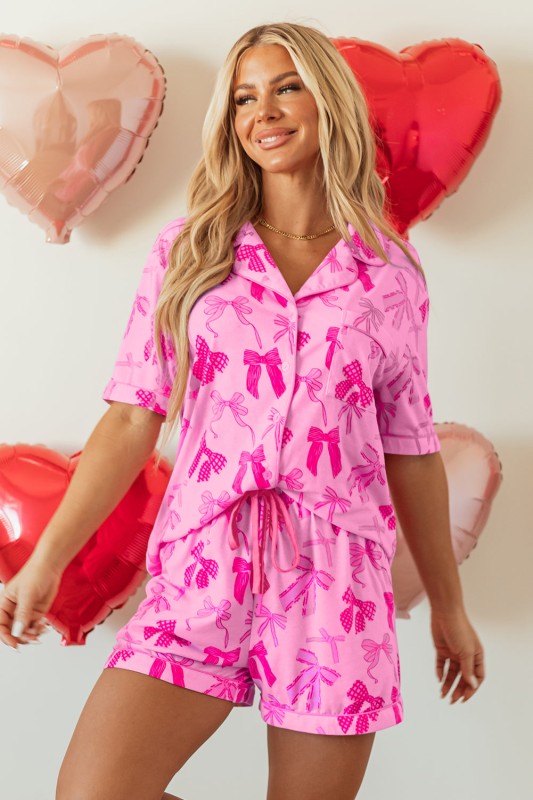 Bow Shirt and Shorts Pajamas Set Polyester Spandex