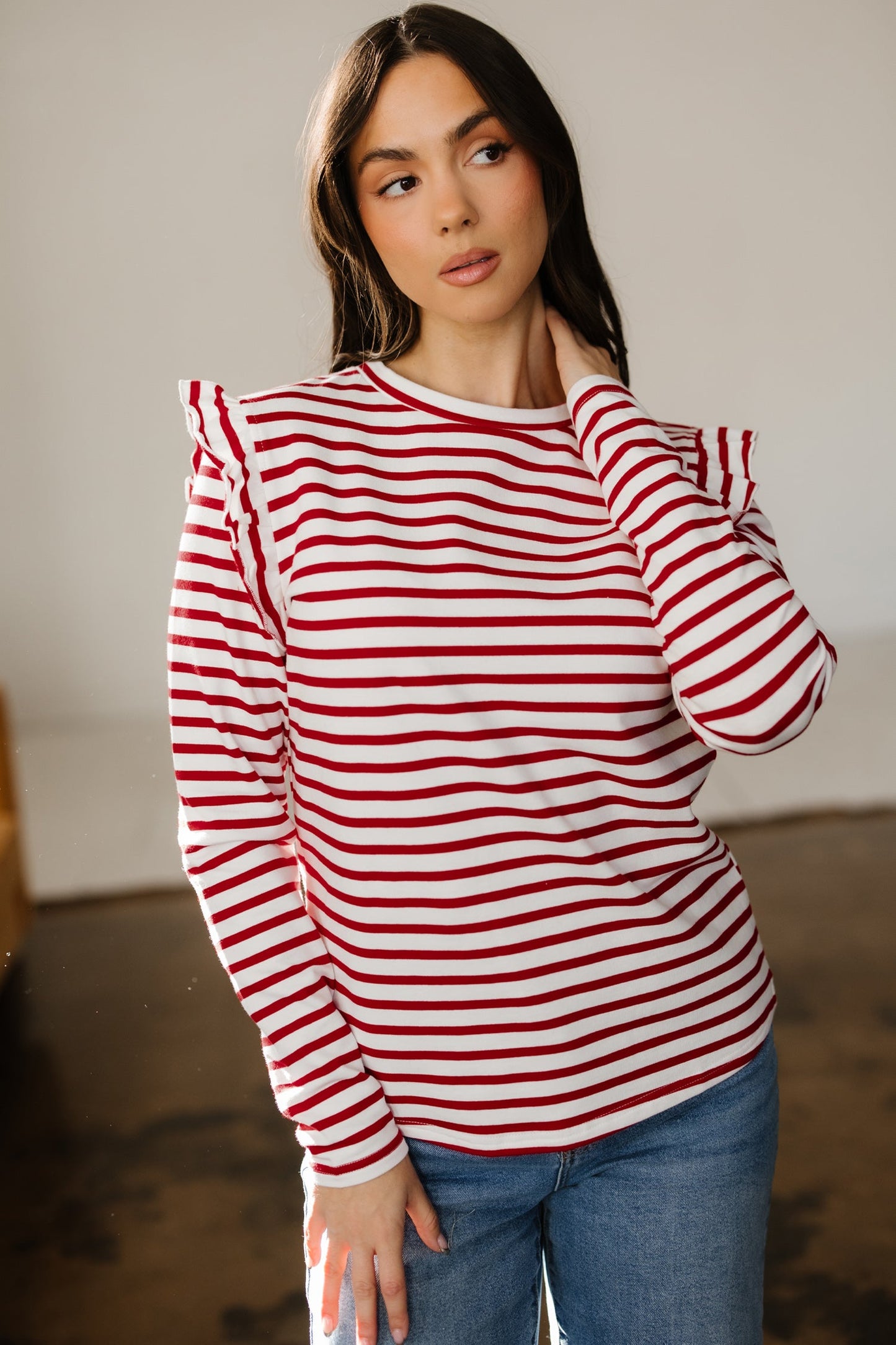 Red Stripe Ruffle Trim Long Sleeve Round Neck Top