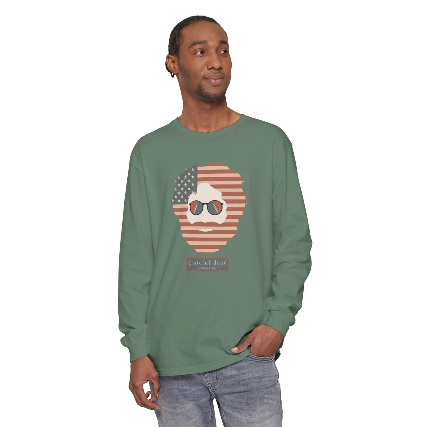 Garment-Dyed Long Sleeve T-Shirt 100% Cotton Stars & Stripes Jerry Vineyard Collection
