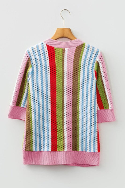 Stripe Pointelle Knit 3/4 Sleeve Sweater Soft Textured Knit Sweater