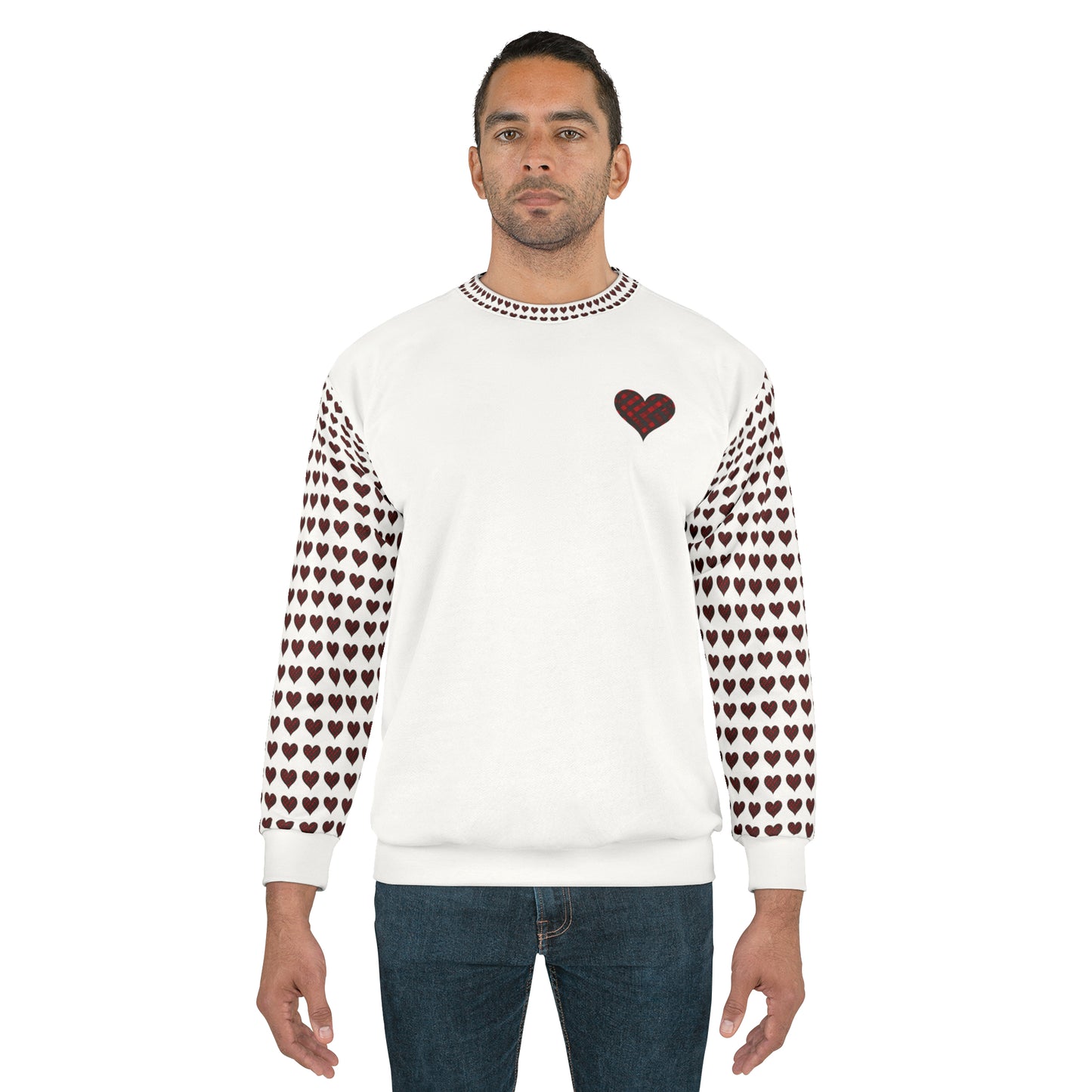 Valentine's Day best gift, red and black check heart shape design White Unisex Sweatshirt (AOP)