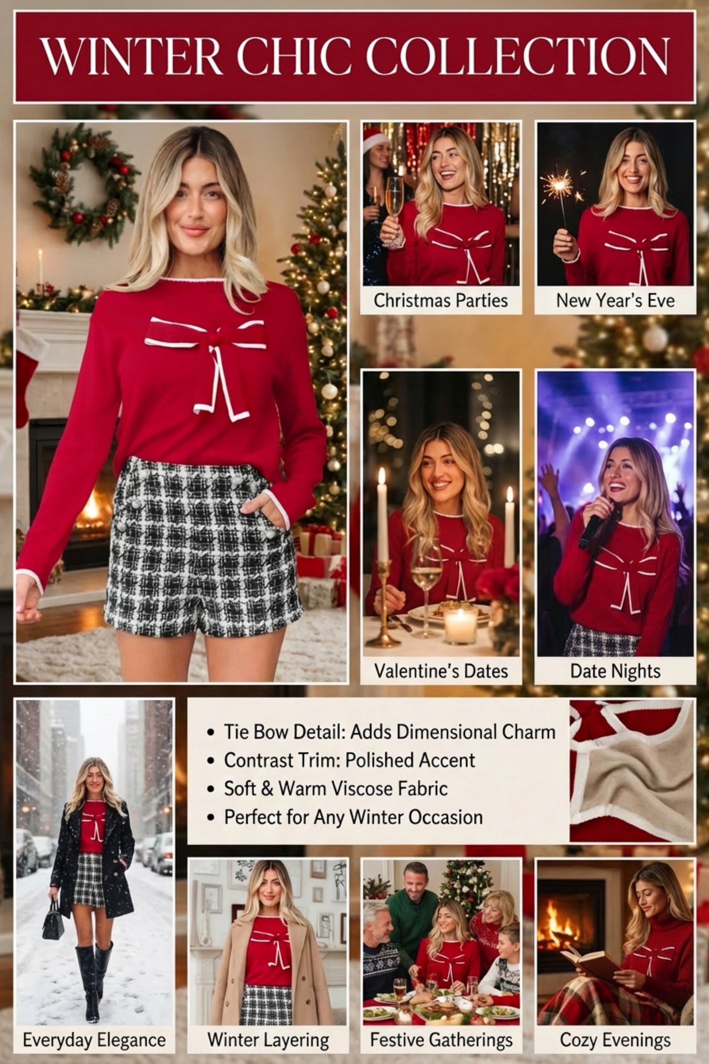 Fiery Red Contrast Trim Holiday Cropped Sweater with Big Bow Accent
