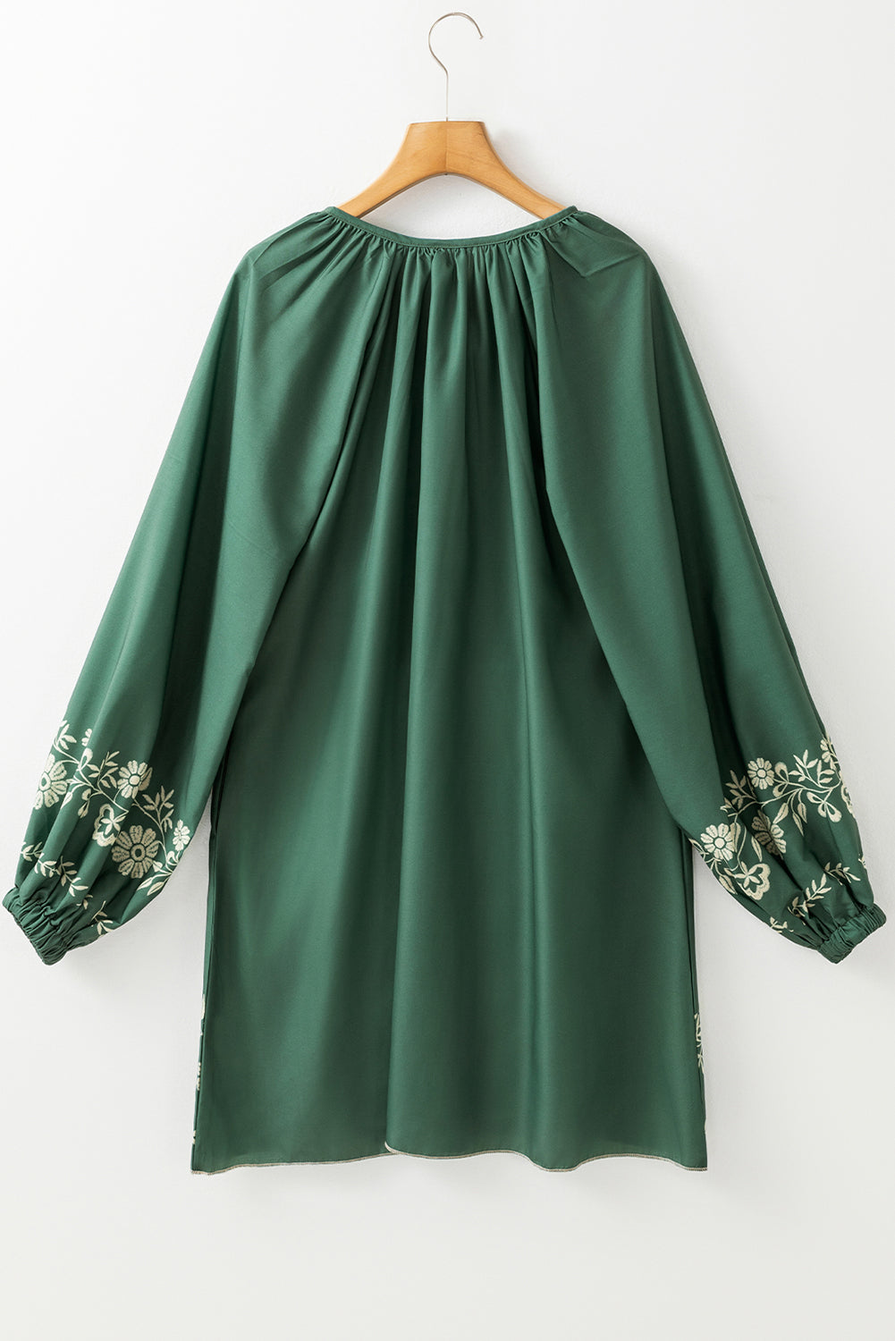 Mist Green Tie Neck Puff Sleeve Shift Dress Boho Floral Pattern
