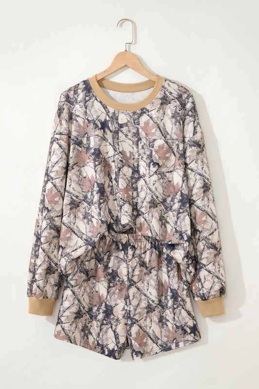 Khaki Woodland Camo Print Long Sleeve Top Casual Short Set