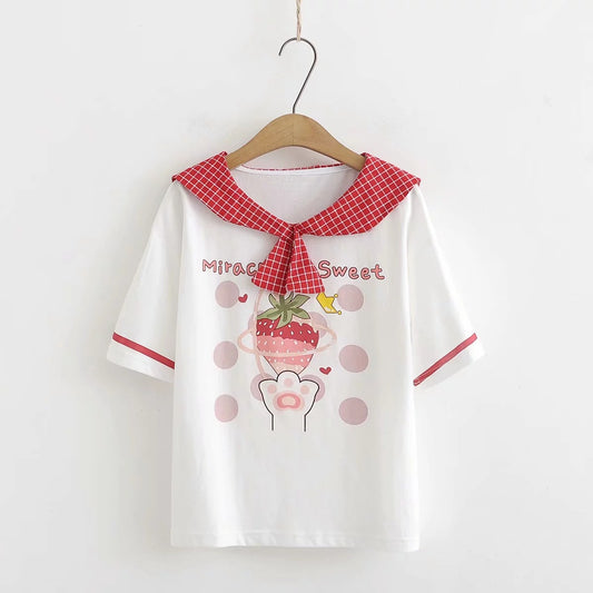 Strawberry cat paw short sleeve cotton T-shirt women's