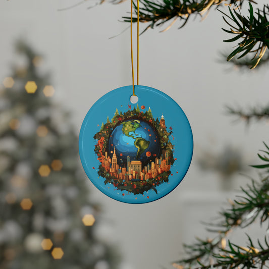 Earth in Christmas decorations and a big Christmas tree, Turquoise Ceramic Ornaments (1pc, 3pcs, 5pcs, 10pcs)