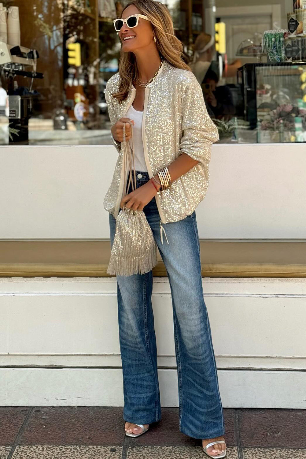 Apricot Sequin Zipper-up Jacket Casual Outerwear
